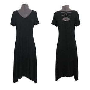 Chico's knit Lace-Up Back Black Shark Bite Hem Short Sleeve Midi Dress 0 /S /4